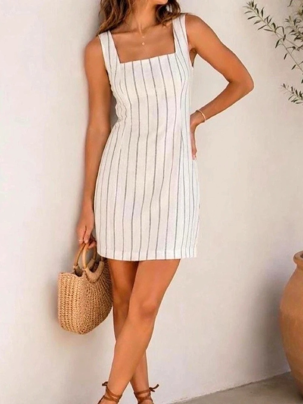 Old Navy Square-Neck Striped Linen-Blend Shift Dress White & Blue XL